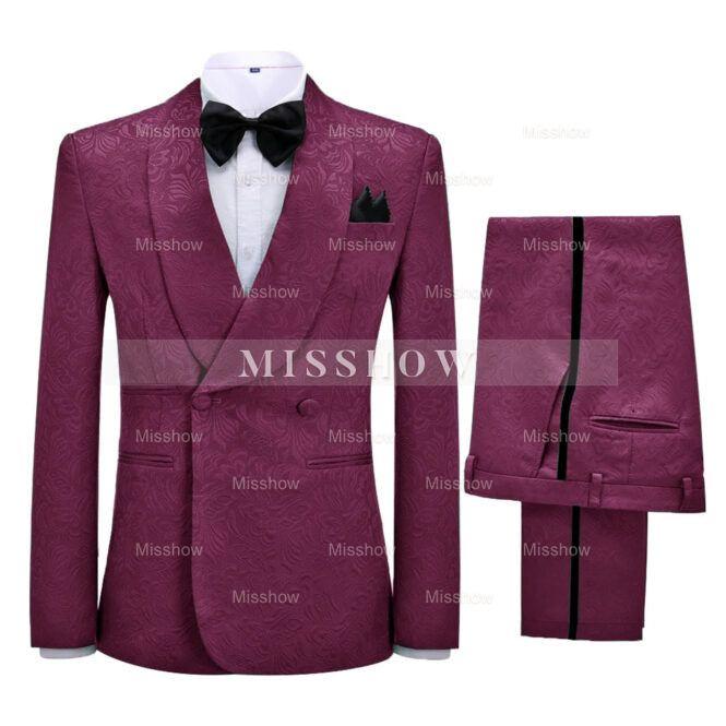 Most Recent Burgundy Jacquard Shawl Collar Double-Breasted Wedding Suit
