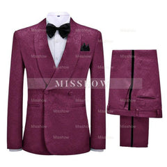 Most Recent Burgundy Jacquard Shawl Collar Double-Breasted Wedding Suit