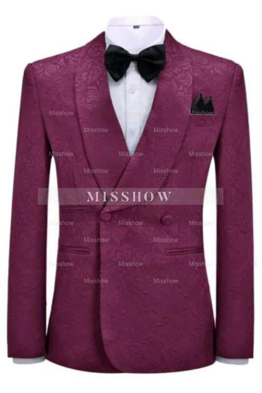 Most Recent Burgundy Jacquard Shawl Collar Double-Breasted Wedding Suit
