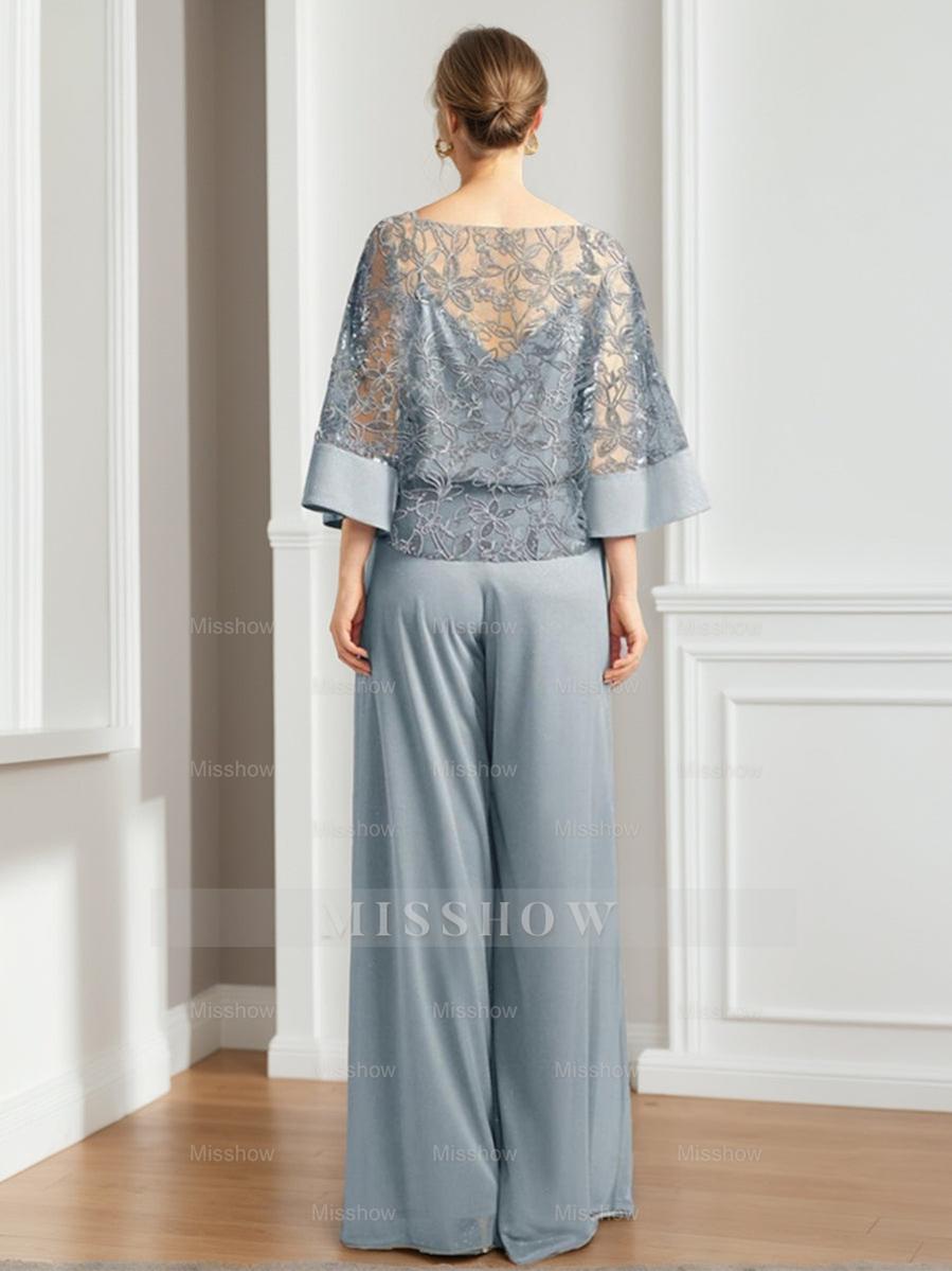 Mother of the Bride 2-Piece Chiffon Pantsuit Featuring Lace Appliques and Sequins