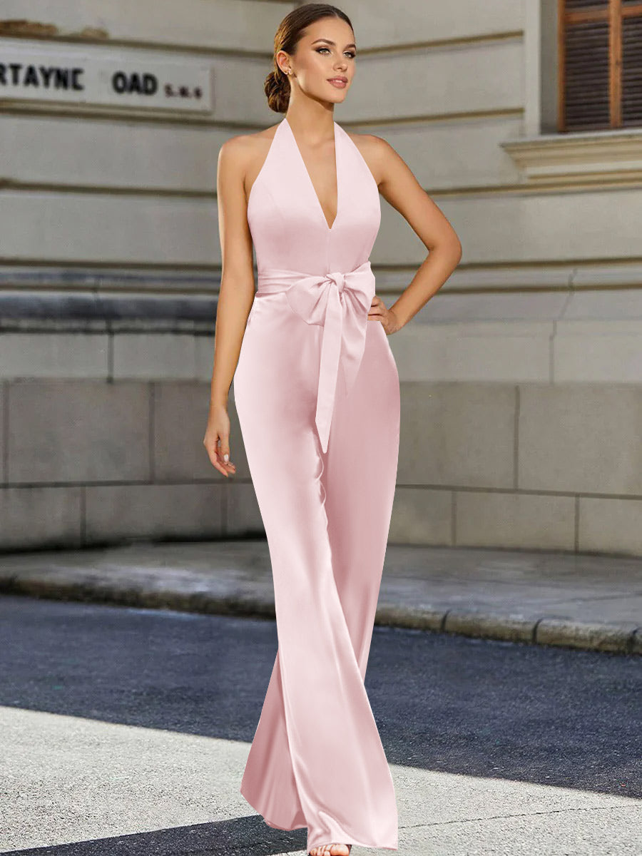 Mother of the Bride 2-Piece V-Neck Sleeveless Pantsuit with Bow Belt Floor Length