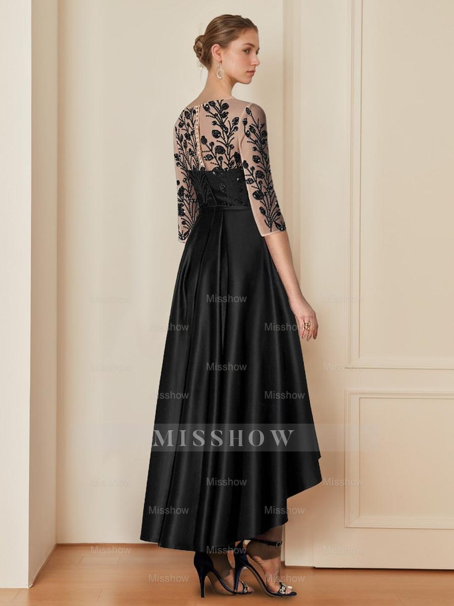 Mother of the Bride A-Line Princess Dress with Scoop Neck 3/4 Sleeves and Asymmetrical Appliques