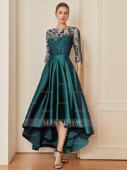 Mother of the Bride A-Line Princess Dress with Scoop Neck 3/4 Sleeves and Asymmetrical Appliques