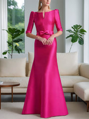Mother of the Bride A-Line Princess Dress with Scoop Neck Half Sleeves and Bow Belt