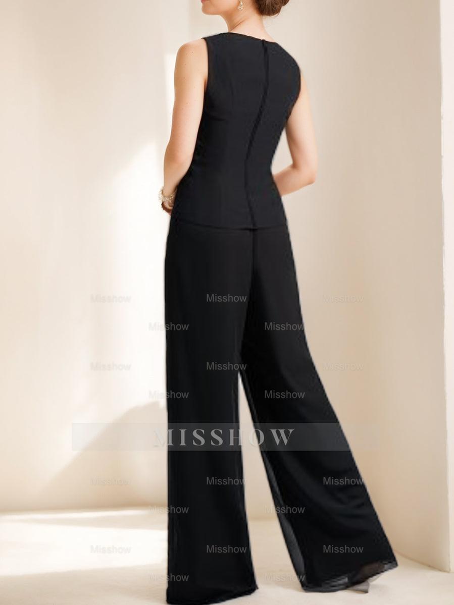 Mother of the Bride Black Chiffon Pantsuit with 3/4 Sleeves Scoop Neck Appliques and Jacket
