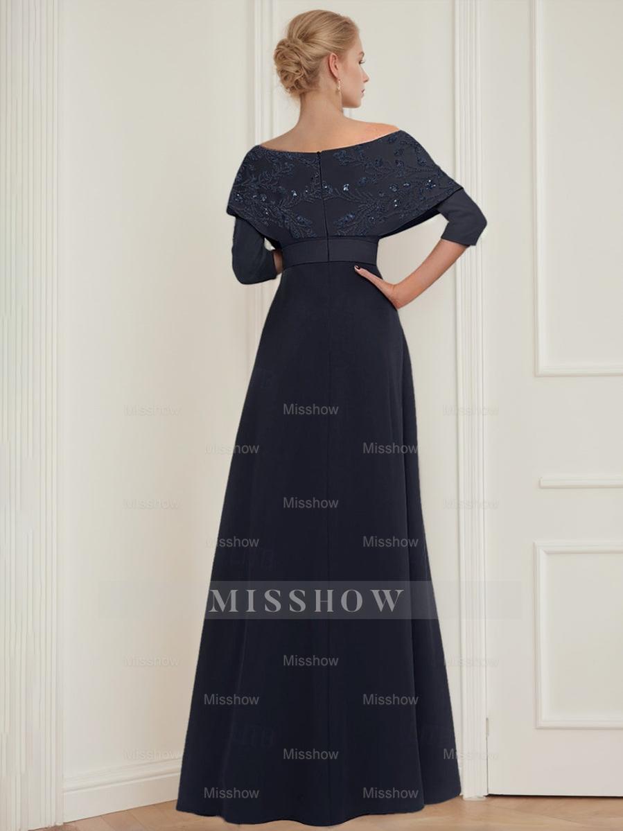 Mother of the Bride Off-the-Shoulder Pantsuit with 3/4 Sleeves Appliques and Belt