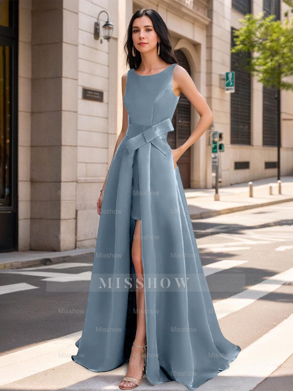 Mother of the Bride Scoop Neck A-Line/Princess Dress with High Split and Bow