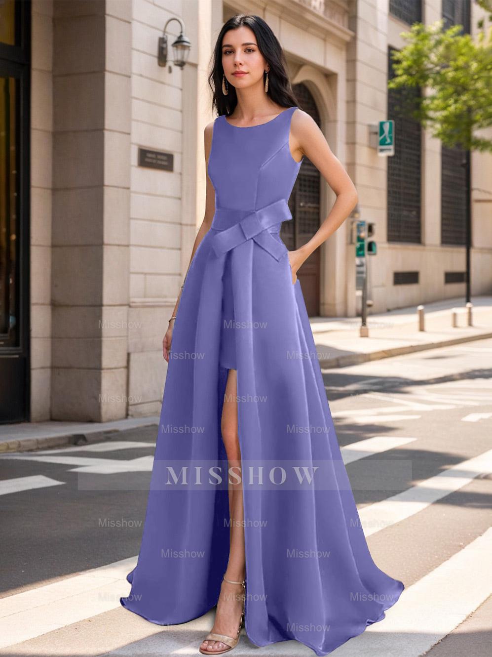 Mother of the Bride Scoop Neck A-Line/Princess Dress with High Split and Bow