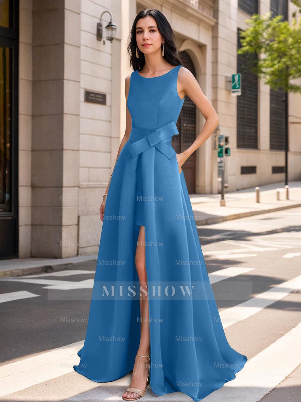 Mother of the Bride Scoop Neck A-Line/Princess Dress with High Split and Bow
