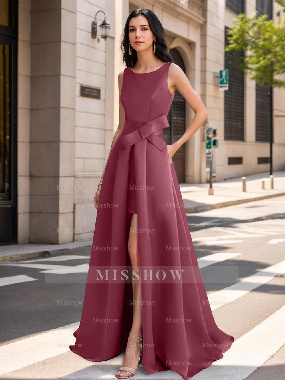 Mother of the Bride Scoop Neck A-Line/Princess Dress with High Split and Bow