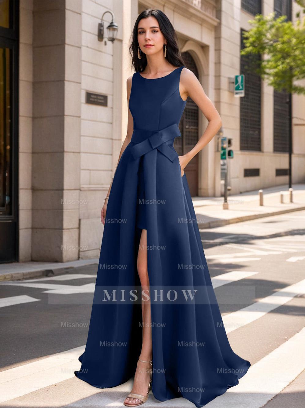 Mother of the Bride Scoop Neck A-Line/Princess Dress with High Split and Bow