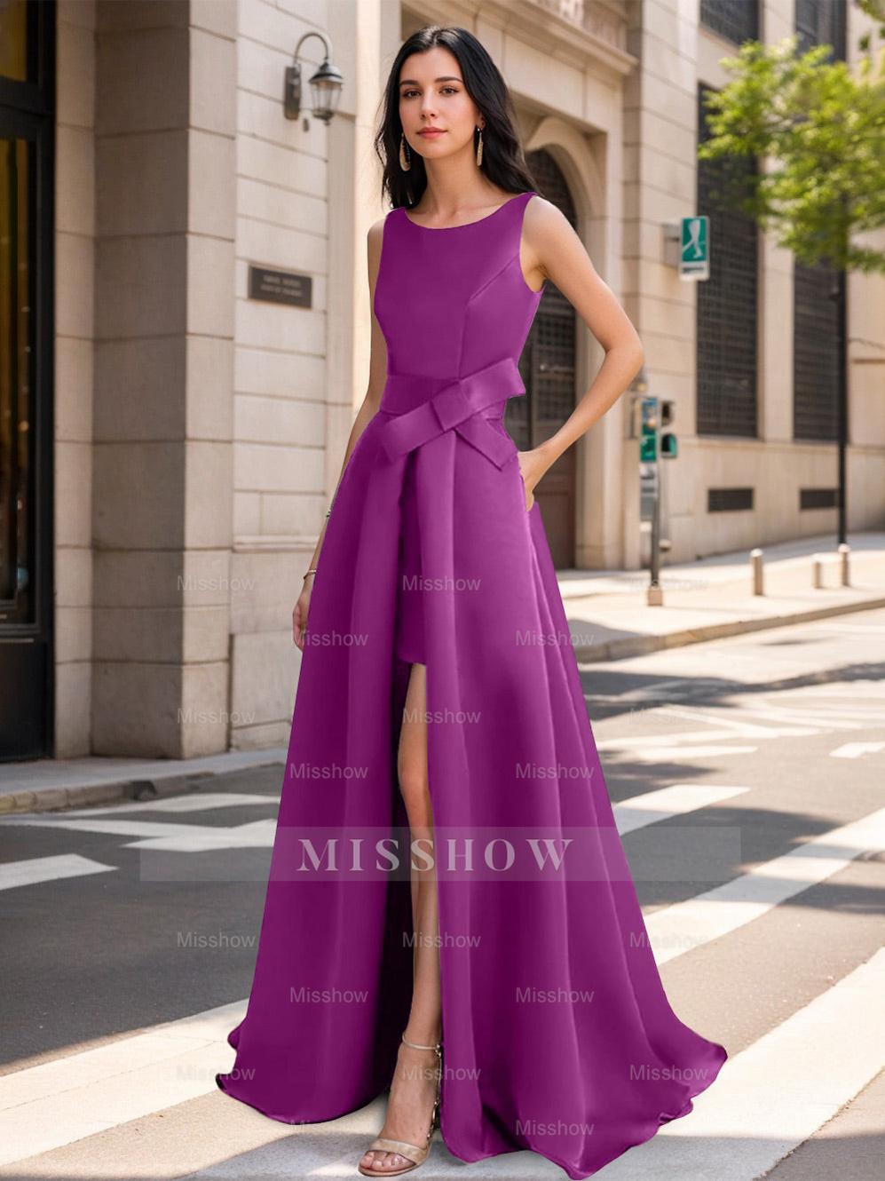 Mother of the Bride Scoop Neck A-Line/Princess Dress with High Split and Bow
