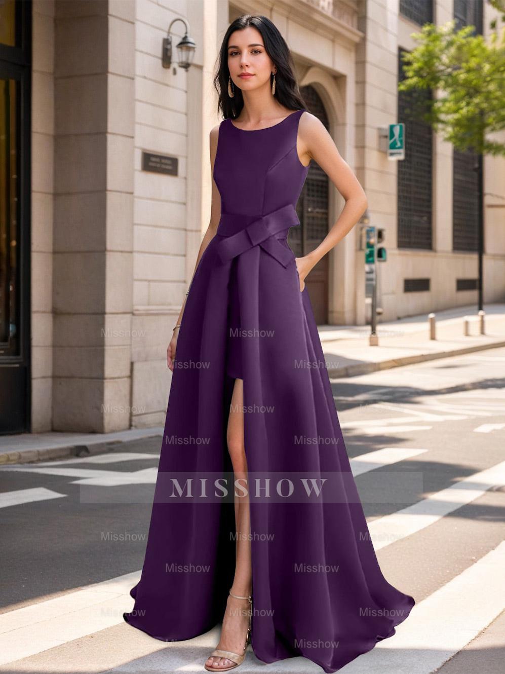 Mother of the Bride Scoop Neck A-Line/Princess Dress with High Split and Bow