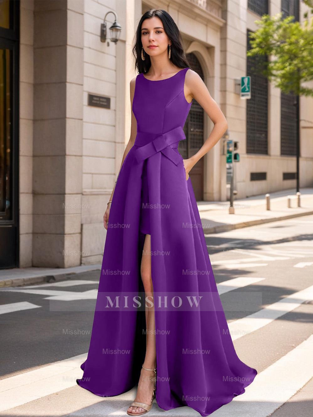 Mother of the Bride Scoop Neck A-Line/Princess Dress with High Split and Bow