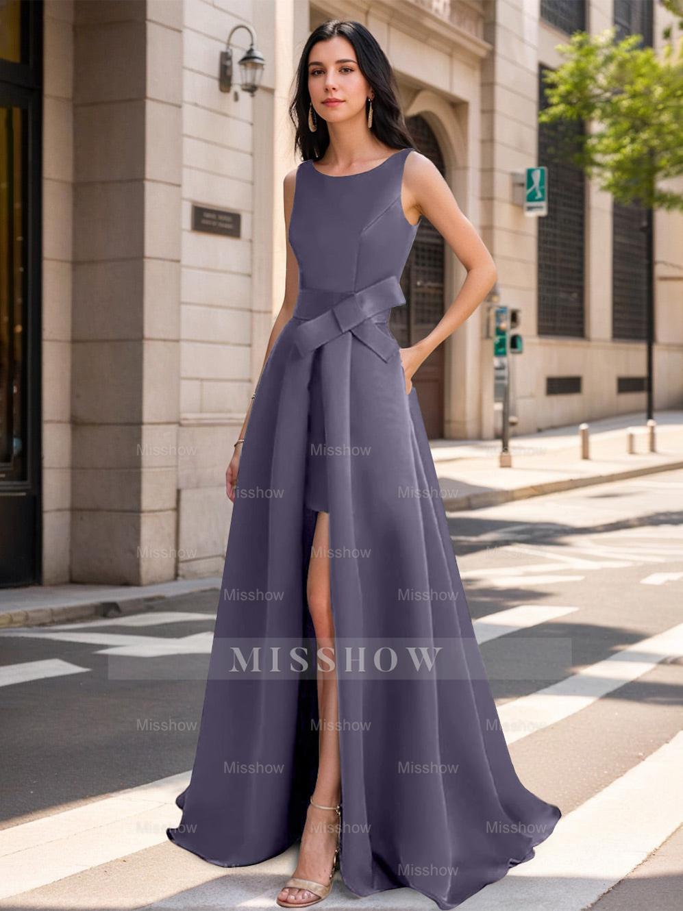 Mother of the Bride Scoop Neck A-Line/Princess Dress with High Split and Bow