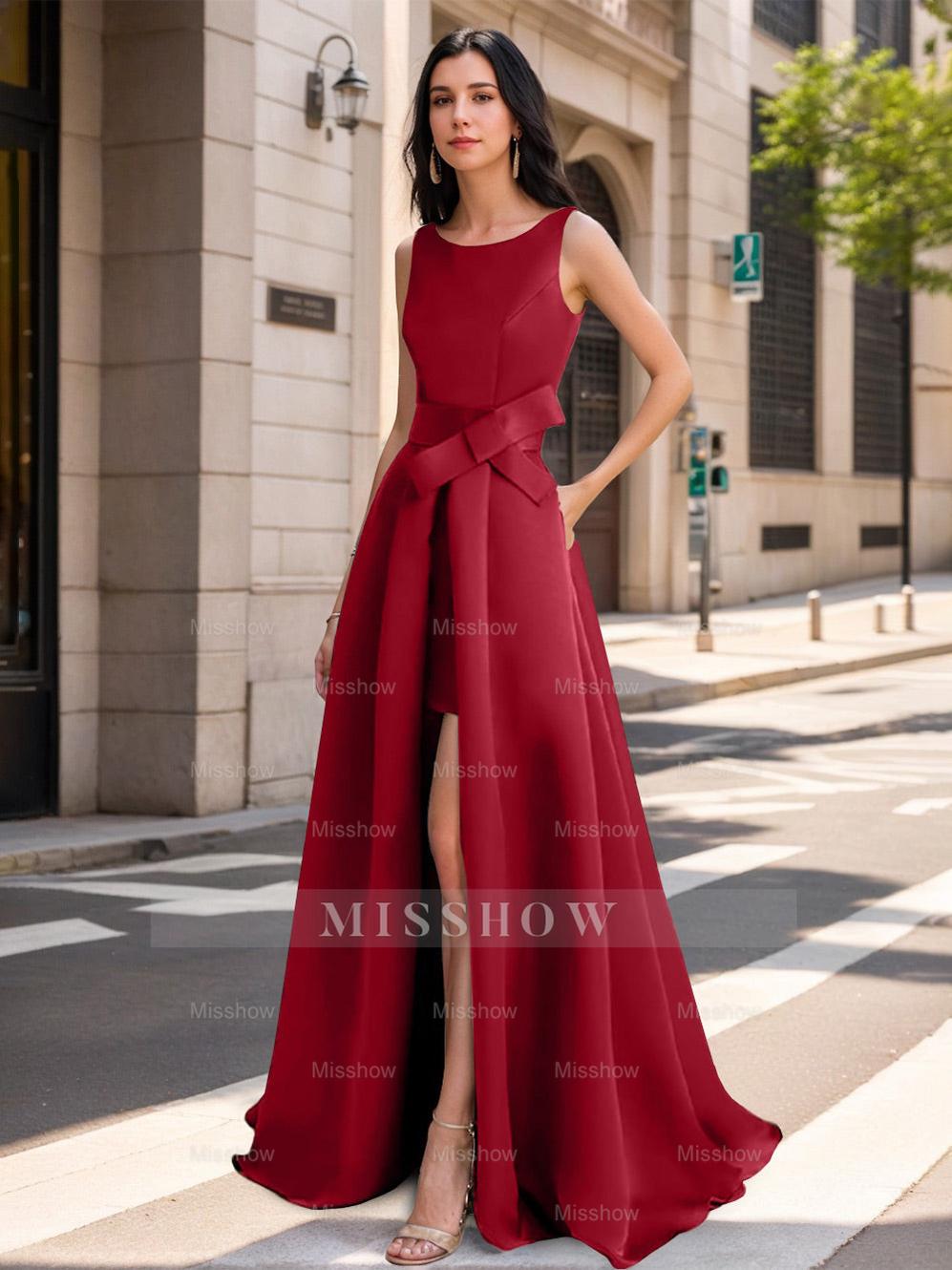 Mother of the Bride Scoop Neck A-Line/Princess Dress with High Split and Bow