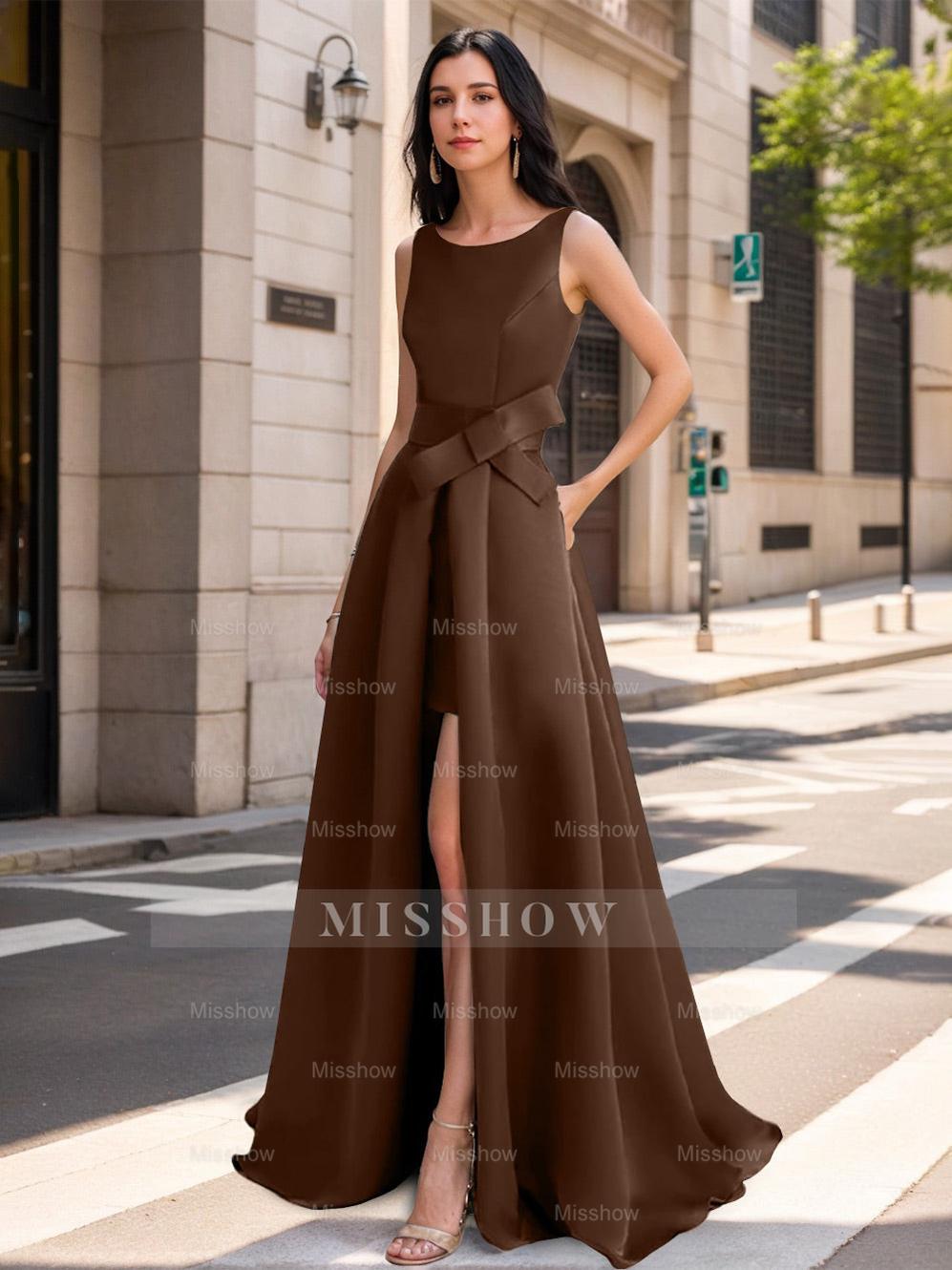 Mother of the Bride Scoop Neck A-Line/Princess Dress with High Split and Bow