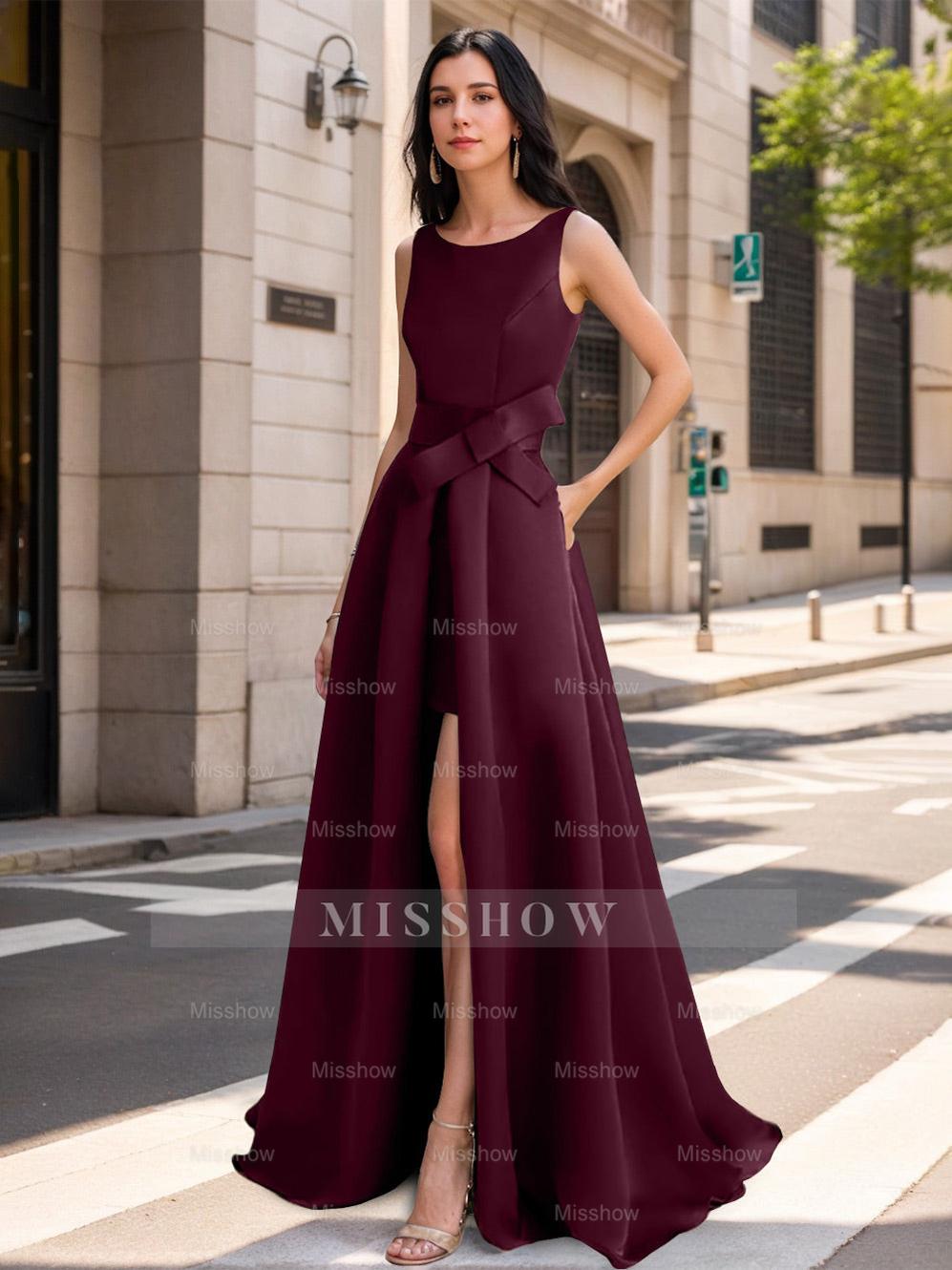 Mother of the Bride Scoop Neck A-Line/Princess Dress with High Split and Bow