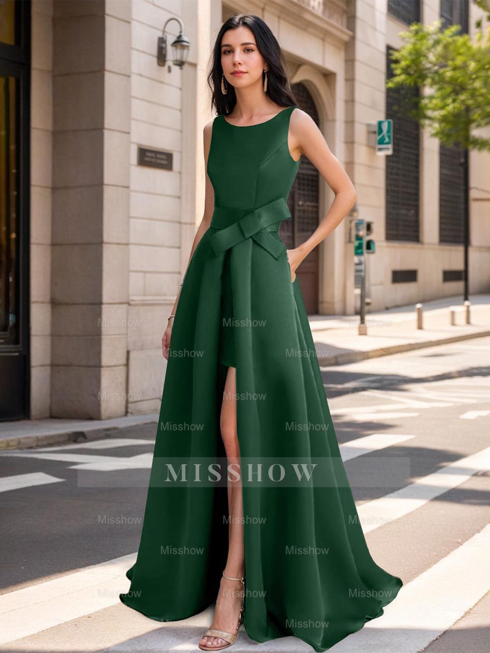 Mother of the Bride Scoop Neck A-Line/Princess Dress with High Split and Bow