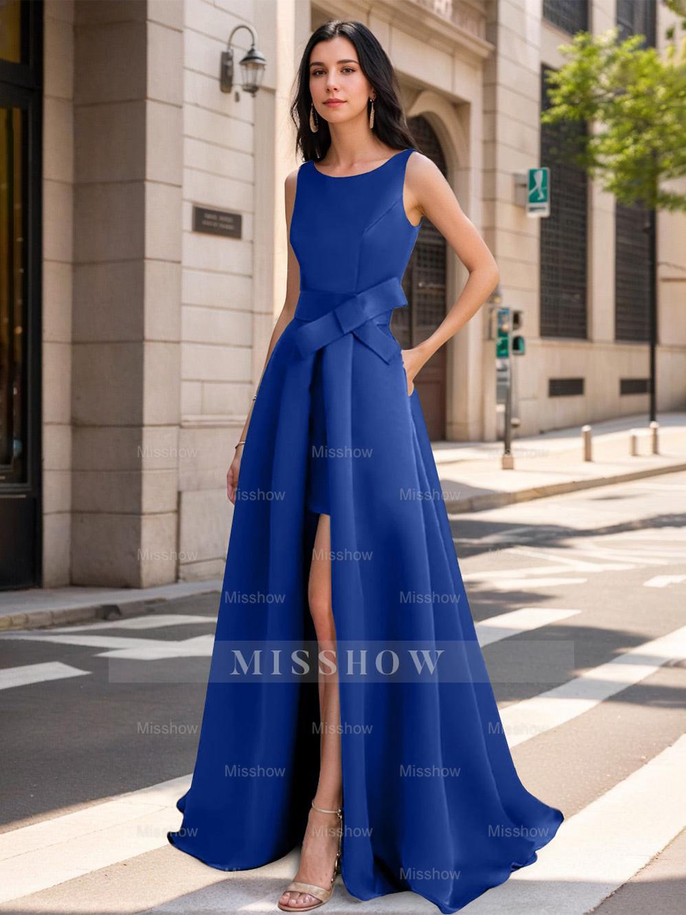 Mother of the Bride Scoop Neck A-Line/Princess Dress with High Split and Bow