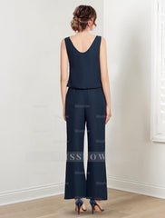 Mother of the Bride Scoop Neck Chiffon Pantsuit with Jacket