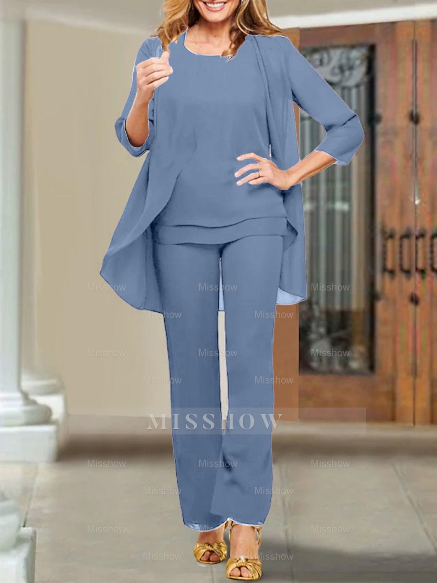 Mother of the Bride Scoop Neck Chiffon Pantsuits