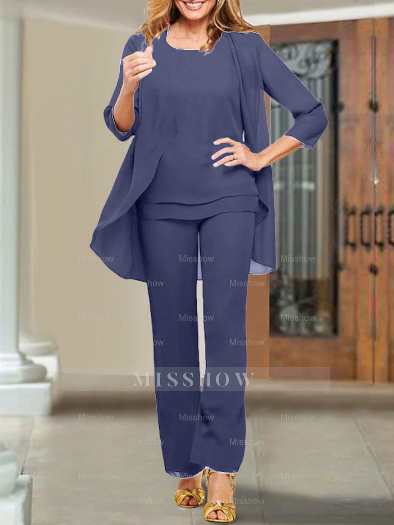 Mother of the Bride Scoop Neck Chiffon Pantsuits