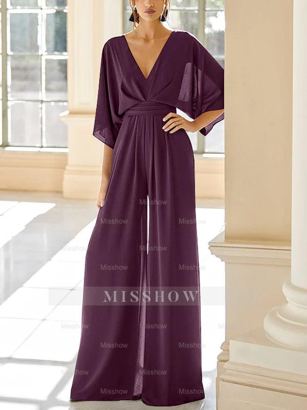 Mother of the Bride V-Neck Chiffon Pantsuit Featuring Pockets