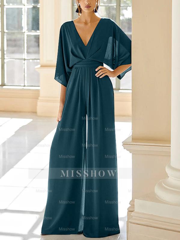 Mother of the Bride V-Neck Chiffon Pantsuit Featuring Pockets