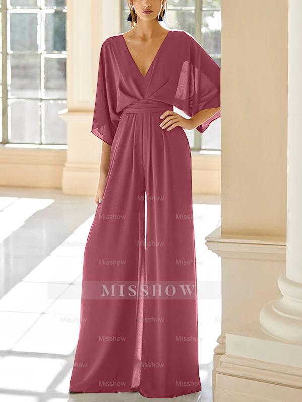 Mother of the Bride V-Neck Chiffon Pantsuit Featuring Pockets