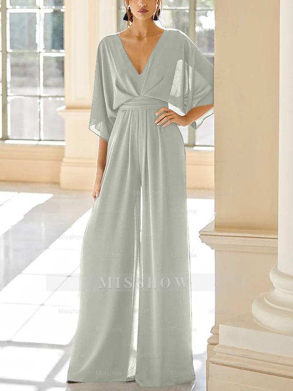 Mother of the Bride V-Neck Chiffon Pantsuit Featuring Pockets