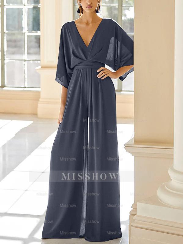 Mother of the Bride V-Neck Chiffon Pantsuit Featuring Pockets