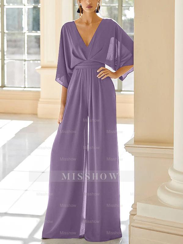 Mother of the Bride V-Neck Chiffon Pantsuit Featuring Pockets