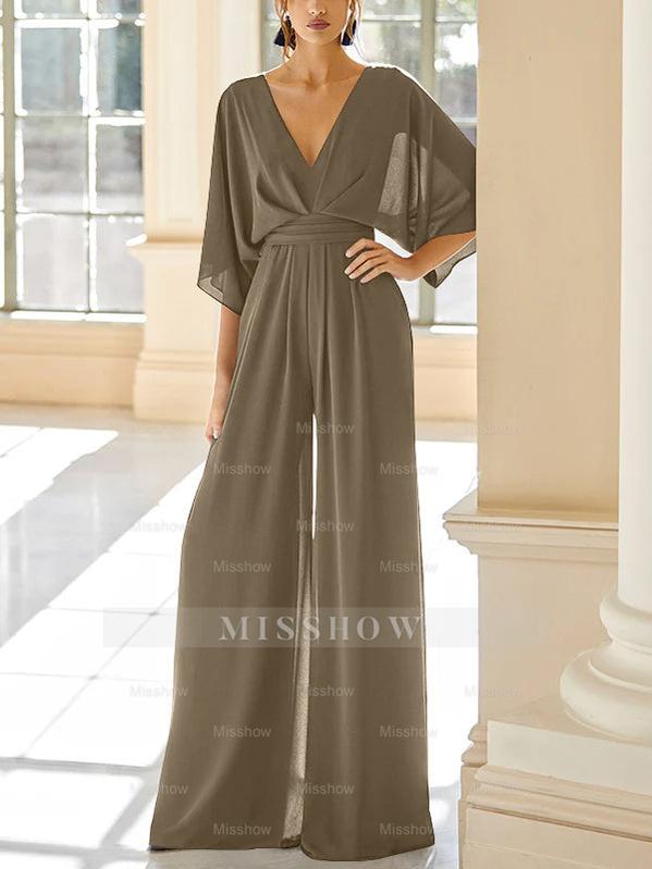 Mother of the Bride V-Neck Chiffon Pantsuit Featuring Pockets