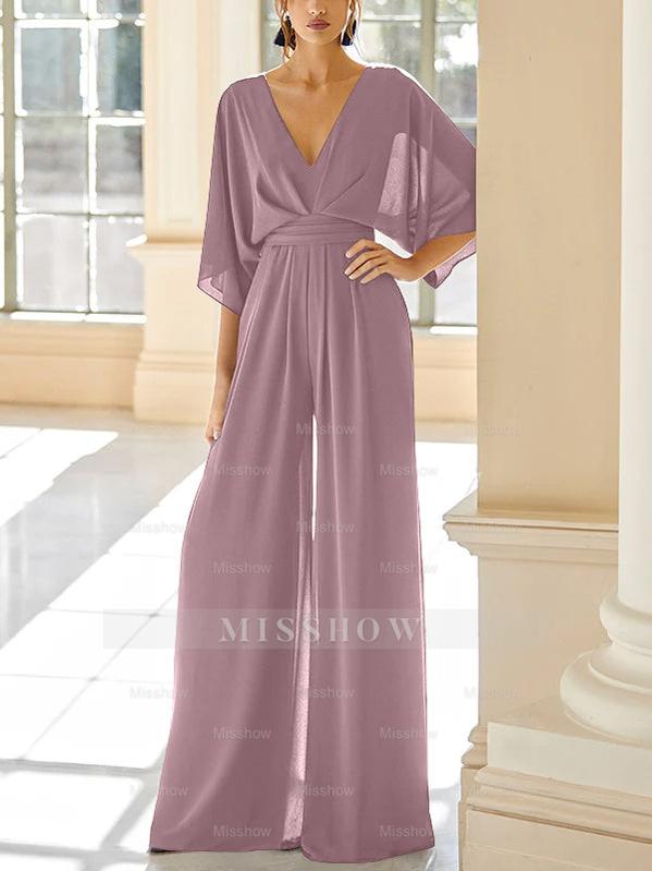 Mother of the Bride V-Neck Chiffon Pantsuit Featuring Pockets