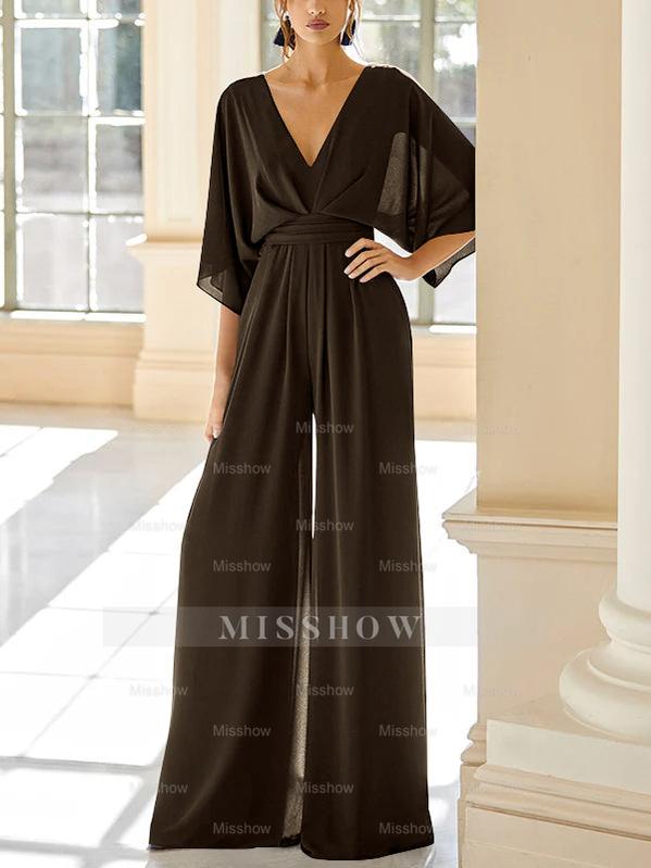 Mother of the Bride V-Neck Chiffon Pantsuit Featuring Pockets