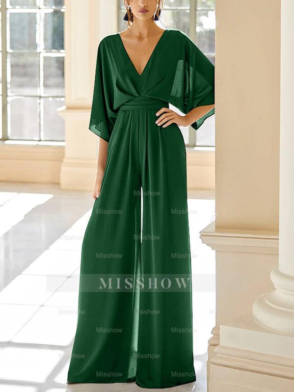 Mother of the Bride V-Neck Chiffon Pantsuit Featuring Pockets