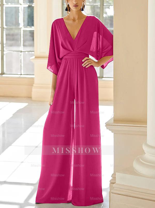 Mother of the Bride V-Neck Chiffon Pantsuit Featuring Pockets