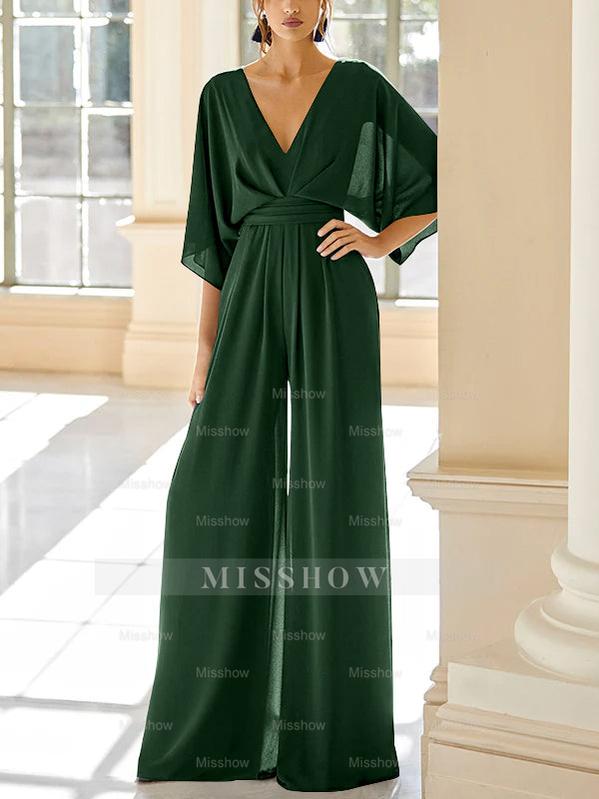 Mother of the Bride V-Neck Chiffon Pantsuit Featuring Pockets