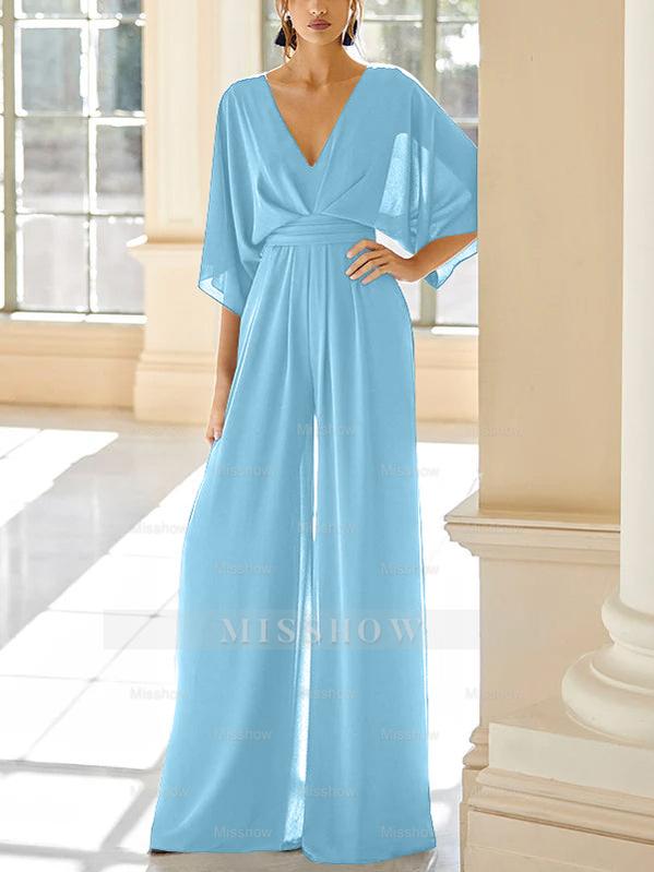 Mother of the Bride V-Neck Chiffon Pantsuit Featuring Pockets