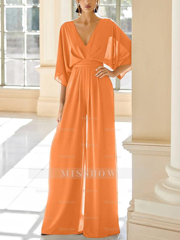 Mother of the Bride V-Neck Chiffon Pantsuit Featuring Pockets