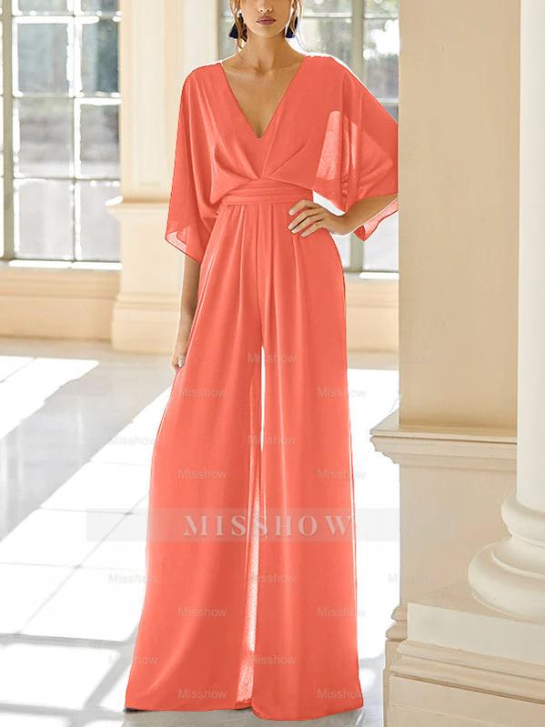 Mother of the Bride V-Neck Chiffon Pantsuit Featuring Pockets