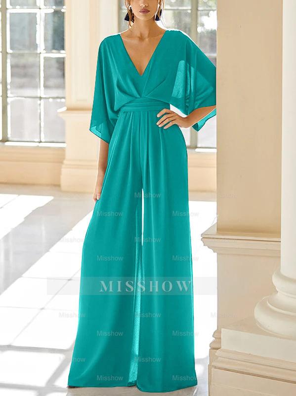 Mother of the Bride V-Neck Chiffon Pantsuit Featuring Pockets