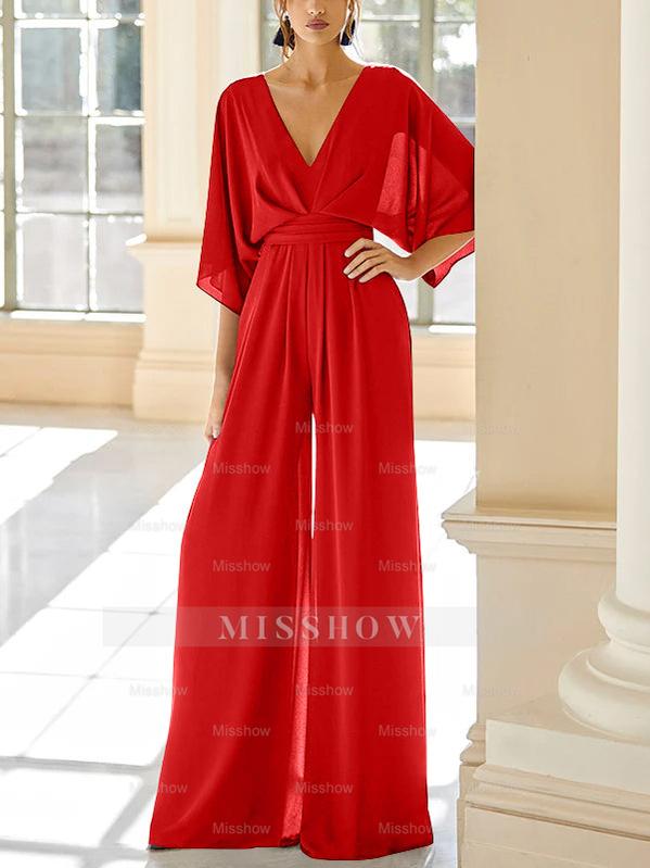 Mother of the Bride V-Neck Chiffon Pantsuit Featuring Pockets