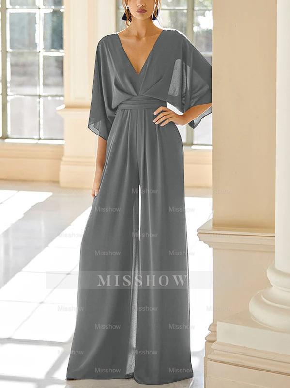 Mother of the Bride V-Neck Chiffon Pantsuit Featuring Pockets