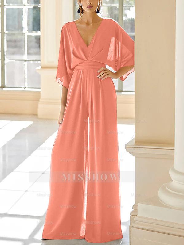 Mother of the Bride V-Neck Chiffon Pantsuit Featuring Pockets