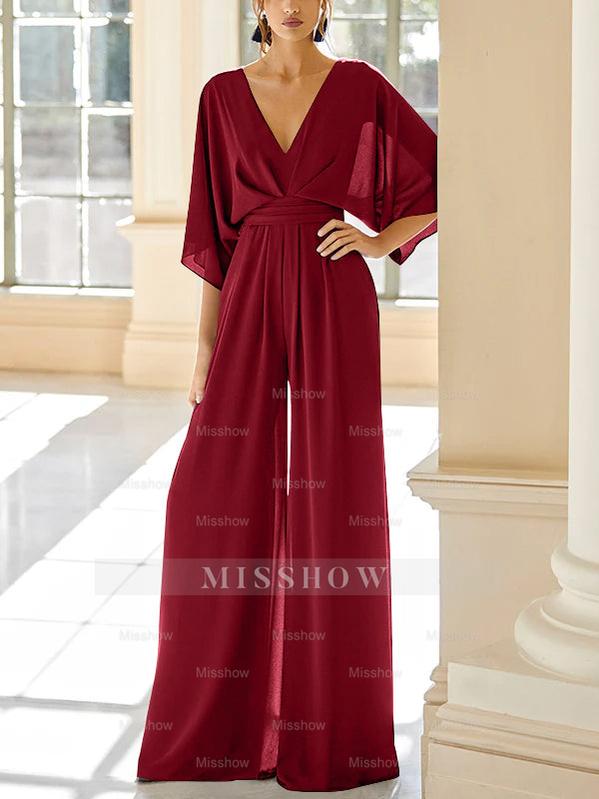 Mother of the Bride V-Neck Chiffon Pantsuit Featuring Pockets