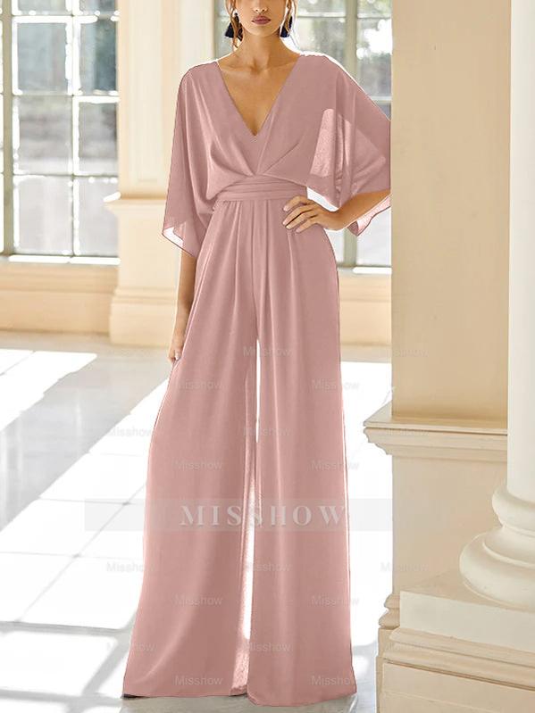 Mother of the Bride V-Neck Chiffon Pantsuit Featuring Pockets