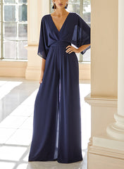 Mother of the Bride V-Neck Chiffon Pantsuit Featuring Pockets
