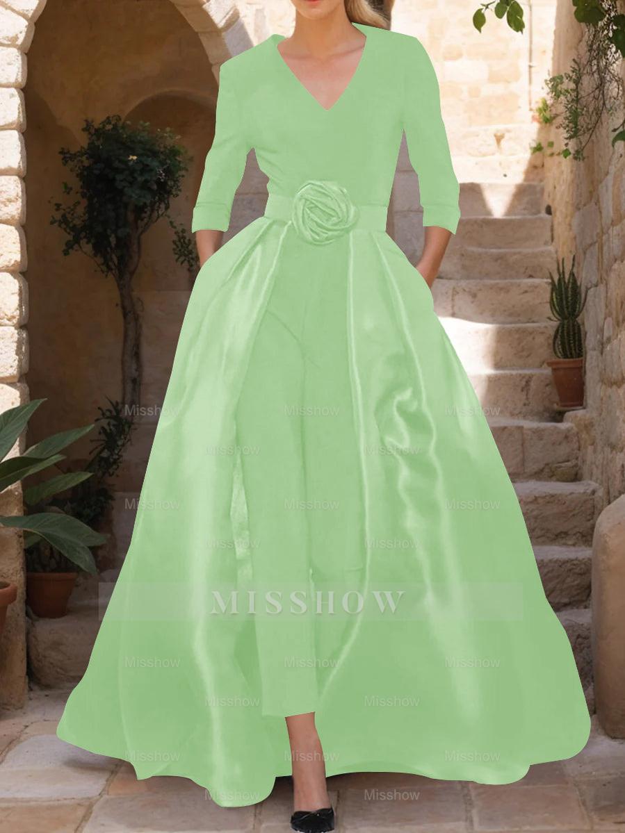 Mother of the Bride V-Neck Pantsuit with 3/4 Sleeves and Flower Belt